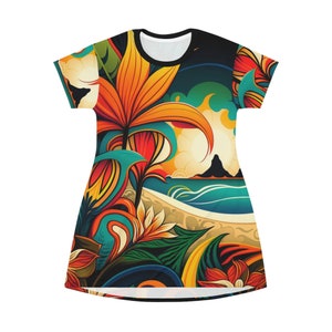 All Over Print T-Shirt Dress HutBoy Hawaiian Island Style 3 Graphic Tees, Shirts, Colorful Print, Shirts for Men, Shirts for Women image 1