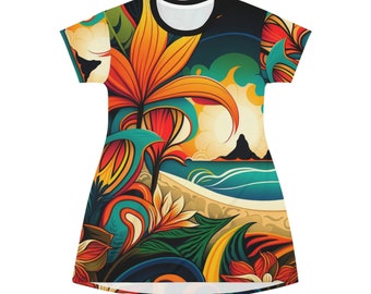 All Over Print T-Shirt Dress | HutBoy Hawaiian Island Style 3 | Graphic Tees, Shirts, Colorful Print, Shirts for Men, Shirts for Women
