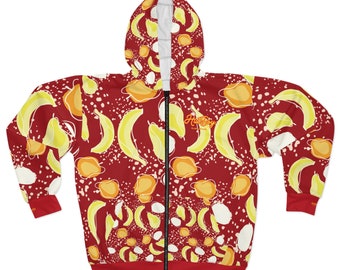 Unisex Fruity Banana Yellow, White and Red Zip Hoodie (AOP) - HutBoy Island Apparel