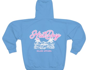 Unisex Light Blue Zip Fleece Hoodie (AOP) Pink & White Logo | HutBoy Island Apparel