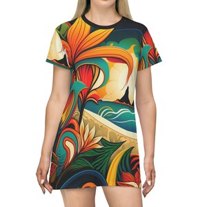 All Over Print T-Shirt Dress HutBoy Hawaiian Island Style 3 Graphic Tees, Shirts, Colorful Print, Shirts for Men, Shirts for Women image 3