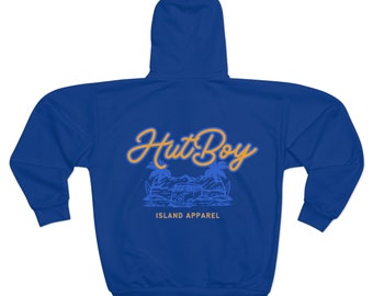 Unisex Blue Zip Fleece Hoodie (AOP) Gold & Light Blue Logo | HutBoy Island Apparel