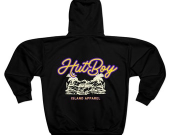 Unisex Black Zip Fleece Hoodie (AOP) Gold & Purple Logo | HutBoy Island Apparel