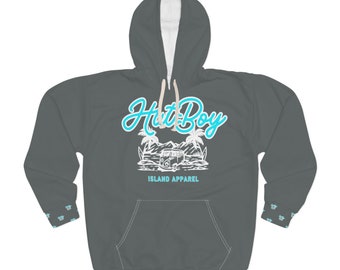 Unisex Gray Pullover Hoodie (AOP) with Turquois Logo - HutBoy Island Apparel