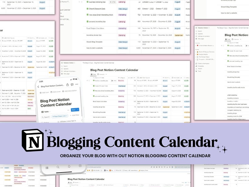 May include: A screenshot of a Notion page with a content calendar for a blog. The calendar is organized by date and includes a list of blog post ideas. The page is titled "Blog Post Notion Content Calendar".