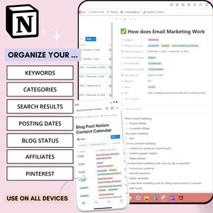 May include: A screenshot of a Notion page with the title "How does Email Marketing Work?" The page is organized into a table with columns for "Category", "Date Last Edit", "Post Goes Live", "Status", and "URL". The table contains information about different email marketing topics, such as "What is email marketing?", "Rodesk affiliate", "Convertkit affiliate", and "Why email marketing?"