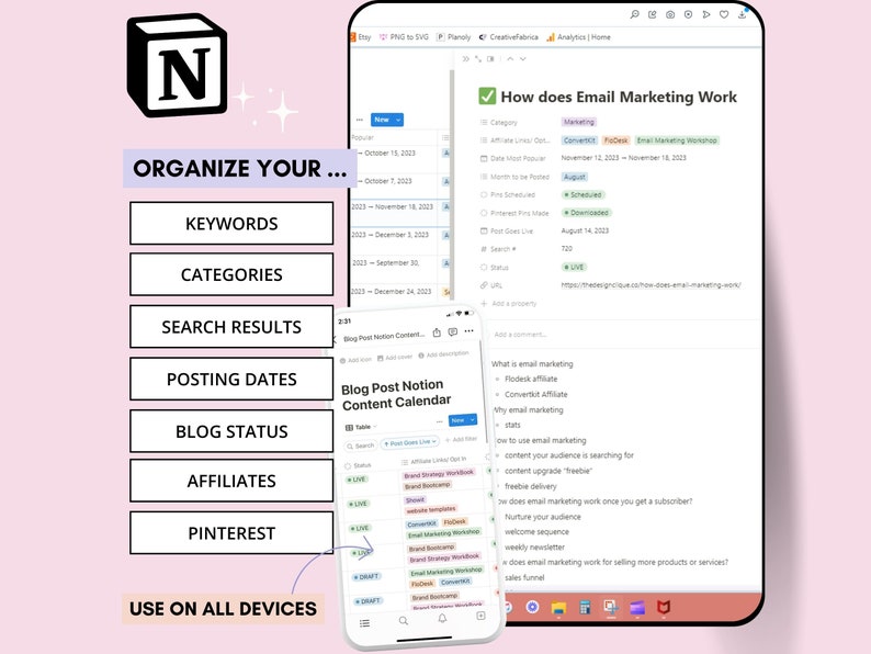 May include: A screenshot of a Notion page with the title "How does Email Marketing Work?" The page is organized into a table with columns for "Category", "Date Last Edit", "Post Goes Live", "Status", and "URL". The table contains information about different email marketing topics, such as "What is email marketing?", "Rodesk affiliate", "Convertkit affiliate", and "Why email marketing?"