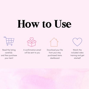 May include: A pink and white watercolor background with the text "How to Use" in black bold font. Four icons with instructions for purchasing, downloading, and using a digital product. The icons are a shopping cart, a gift box, a house, and a heart.