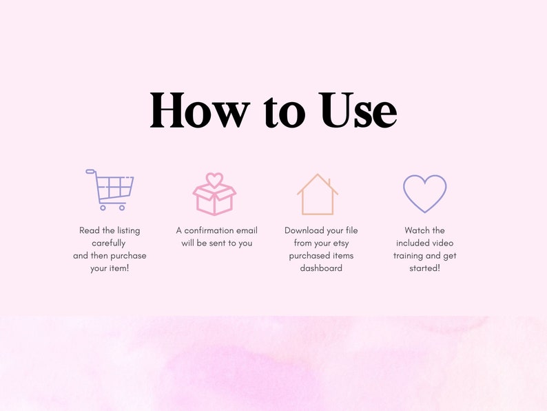 May include: A pink and white watercolor background with the text "How to Use" in black bold font. Four icons with instructions for purchasing, downloading, and using a digital product. The icons are a shopping cart, a gift box, a house, and a heart.
