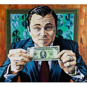 May include: A painting of a man in a blue suit holding a US dollar bill. The background is a green and orange color with dollar signs.
