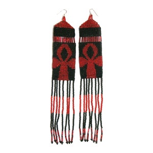 Boho Ankh Chandelier Earrings - Handwoven Beaded Statement Jewelry - Fashionable Seed beaded earrings - African Fashion fringe earrings