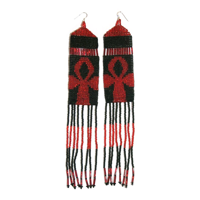 Boho Ankh Chandelier Earrings - Handwoven Beaded Statement Jewelry - Fashionable Seed beaded earrings - African Fashion fringe earrings