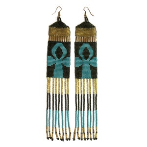 Boho Ankh Chandelier Earrings - Handwoven Beaded Statement Jewelry - Fashionable Seed beaded earrings - African Fashion fringe earrings
