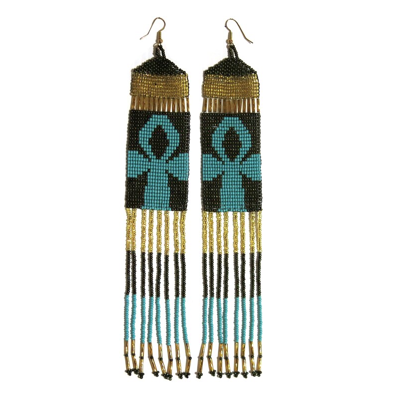 Boho Ankh Chandelier Earrings - Handwoven Beaded Statement Jewelry - Fashionable Seed beaded earrings - African Fashion fringe earrings