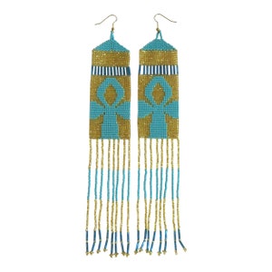 Boho Ankh Chandelier Earrings - Handwoven Beaded Statement Jewelry - Fashionable Seed beaded earrings - African Fashion fringe earrings