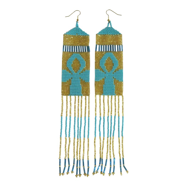 Boho Ankh Chandelier Earrings - Handwoven Beaded Statement Jewelry - Fashionable Seed beaded earrings - African Fashion fringe earrings