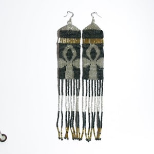 Boho Ankh Chandelier Earrings - Handwoven Beaded Statement Jewelry - Fashionable Seed beaded earrings - African Fashion fringe earrings