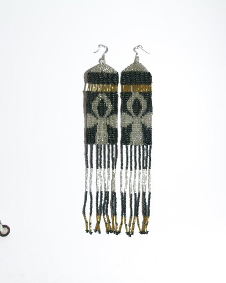 Boho Ankh Chandelier Earrings - Handwoven Beaded Statement Jewelry - Fashionable Seed beaded earrings - African Fashion fringe earrings