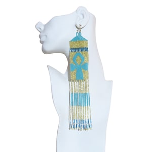 Boho Ankh Chandelier Earrings - Handwoven Beaded Statement Jewelry - Fashionable Seed beaded earrings - African Fashion fringe earrings