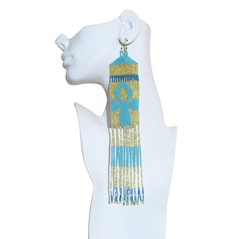 Boho Ankh Chandelier Earrings - Handwoven Beaded Statement Jewelry - Fashionable Seed beaded earrings - African Fashion fringe earrings
