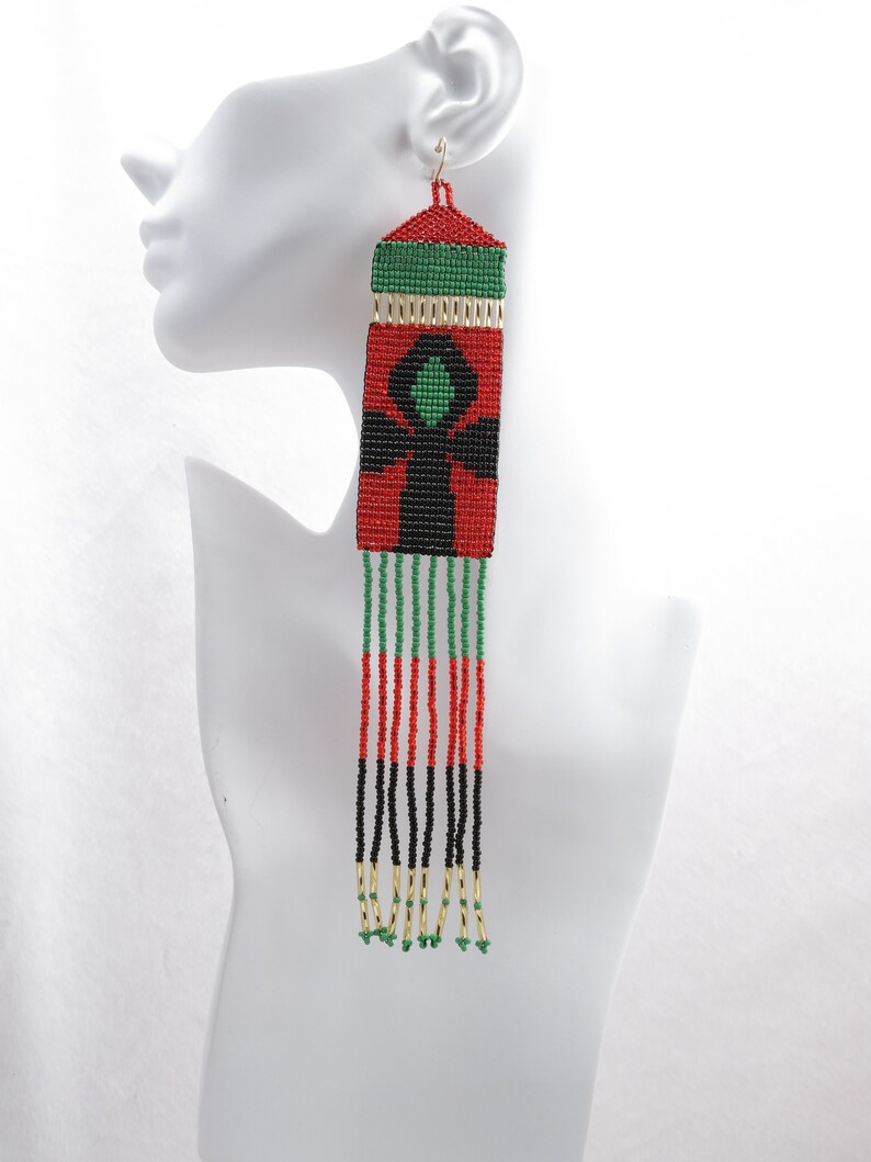 Boho Ankh Chandelier Earrings - Handwoven Beaded Statement Jewelry - Fashionable Seed beaded earrings - African Fashion fringe earrings