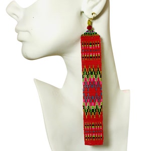 Valentines day, Handcrafted Red Seed Bead Earrings with Green, Gold, Black, and Pink Accents - Unique Statement earring, statement earring
