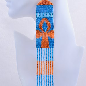 Boho Ankh Chandelier Earrings - Handwoven Beaded Statement Jewelry - Fashionable Seed beaded earrings - African Fashion fringe earrings