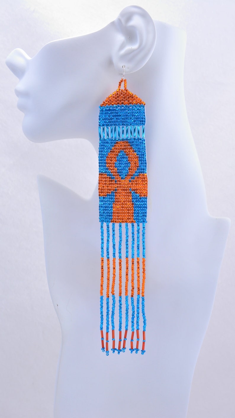 Boho Ankh Chandelier Earrings - Handwoven Beaded Statement Jewelry - Fashionable Seed beaded earrings - African Fashion fringe earrings