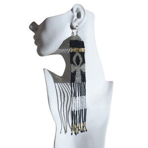 Boho Ankh Chandelier Earrings - Handwoven Beaded Statement Jewelry - Fashionable Seed beaded earrings - African Fashion fringe earrings