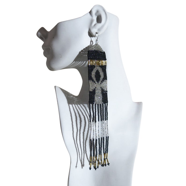 Boho Ankh Chandelier Earrings - Handwoven Beaded Statement Jewelry - Fashionable Seed beaded earrings - African Fashion fringe earrings
