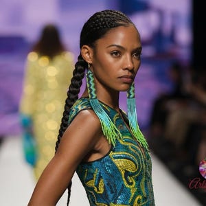 May include: A model in a teal and yellow patterned dress and long, beaded earrings. Her hair is styled in braids. The dress has a sequined appearance. The background is blurred, with other people and a runway visible.