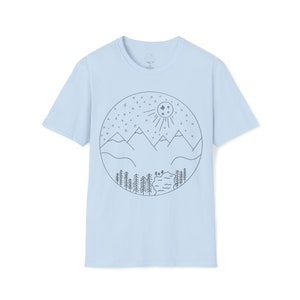 Mountain nature short sleeve adventure outdoors tshirt hiking shirt stars shirt camping shirt night sky tee moon shirt cartoon short sleeve