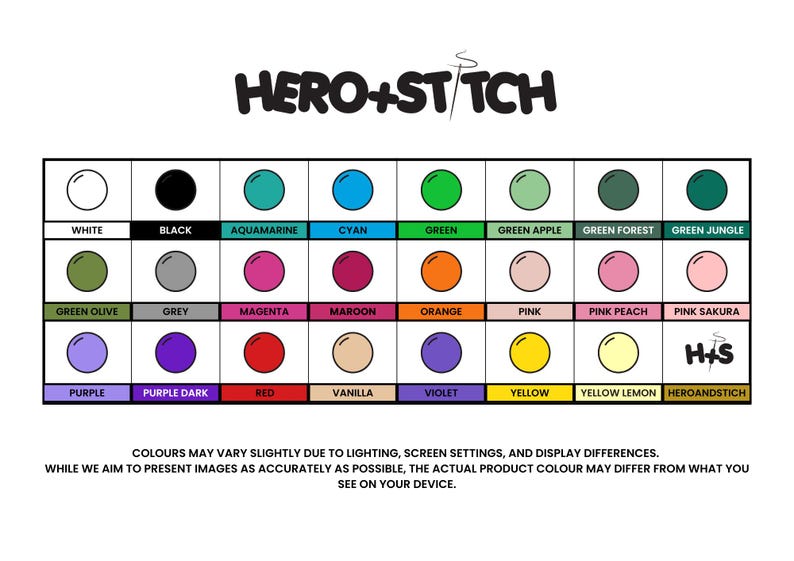 Op de afbeelding: Een kleurenkaart met de tekst "HERO+STITCH" bovenaan. De kaart toont een raster van kleurstalen, elk gelabeld met een kleurnaam, waaronder Wit, Zwart, Aquamarijn, Cyaan, Groen en meer. De tekst onderaan legt kleurvariaties uit.