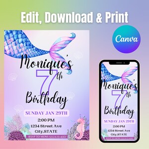 Editable Mermaid Birthday Invitation, Customizable Template Mermaid Under The Sea Invite, Printable Instant Download