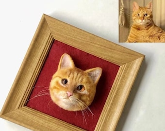 Retrato de gato de fieltro de aguja personalizado con marco de madera/Retrato de mascotas de fieltro personalizado/Retrato de animales de fieltro personalizado/Regalo de pérdida conmemorativa de los amantes de los gatos