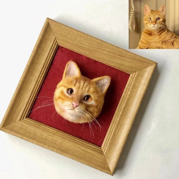 Custom Needle Felted Cat Portrait with Wooden Frame|Custom Felt Pets Portrait|Custom Felt Animals Portrait|Cat Lovers Memorial Loss Gift