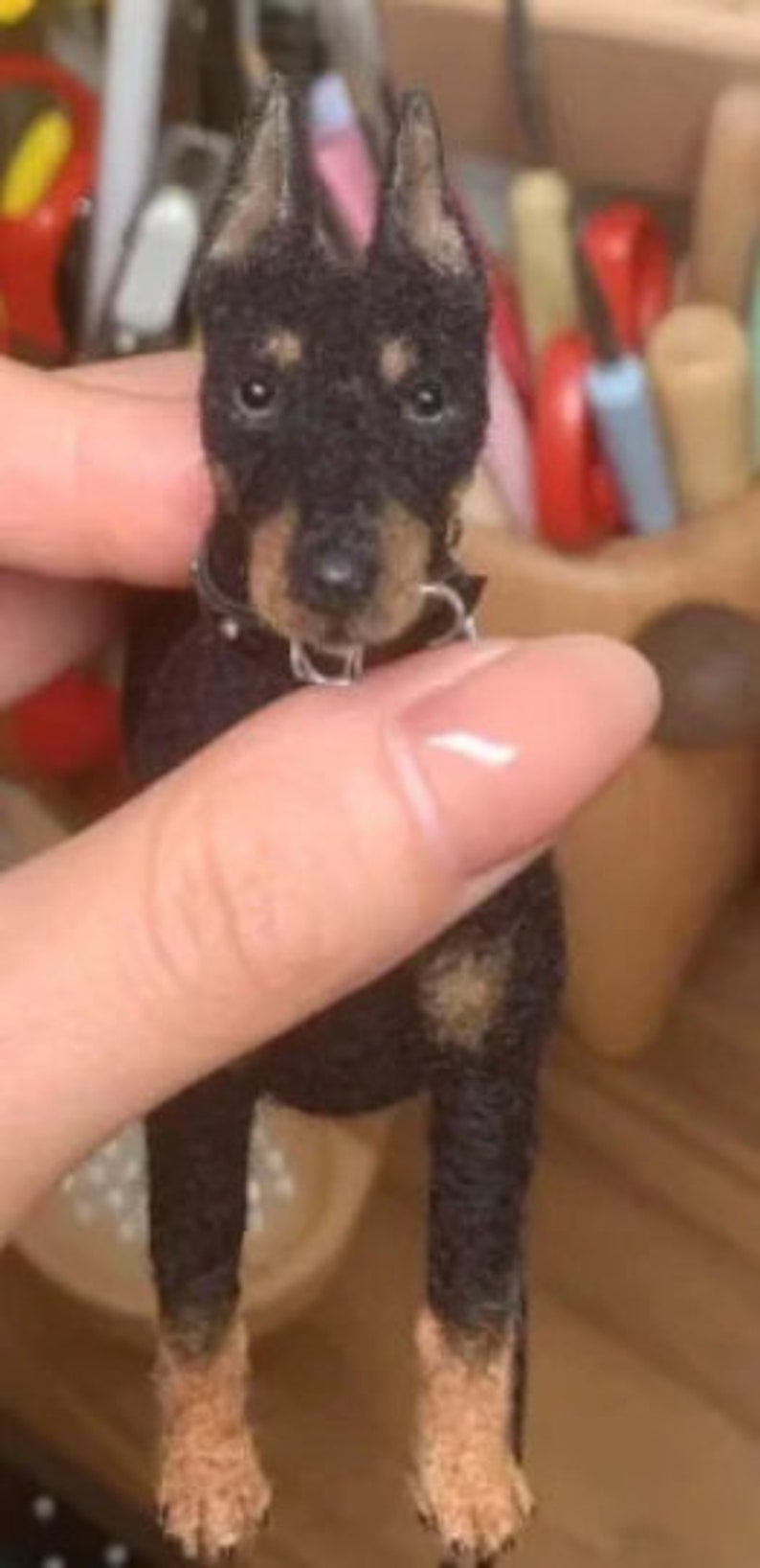 Needle Felted Doberman Pinscher with Leather Dog Rope,Doll House Miniature Felt Doberman Figurine,Felt Animals,Doberman Dog Memorial Gifts image 8