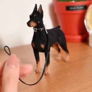 Needle Felted Doberman Pinscher with Leather Dog Rope,Doll House Miniature Felt Doberman Figurine,Felt Animals,Doberman Dog Memorial Gifts image 2