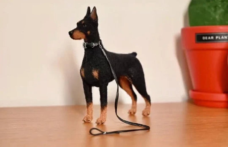 Needle Felted Doberman Pinscher with Leather Dog Rope,Doll House Miniature Felt Doberman Figurine,Felt Animals,Doberman Dog Memorial Gifts image 4