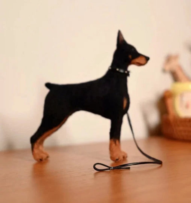 Needle Felted Doberman Pinscher with Leather Dog Rope,Doll House Miniature Felt Doberman Figurine,Felt Animals,Doberman Dog Memorial Gifts image 9