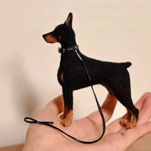 Needle Felted Doberman Pinscher with Leather Dog Rope,Doll House Miniature Felt Doberman Figurine,Felt Animals,Doberman Dog Memorial Gifts image 5