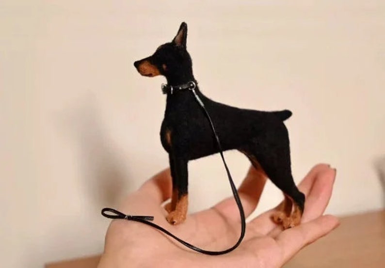 Needle Felted Doberman Pinscher with Leather Dog Rope,Doll House Miniature Felt Doberman Figurine,Felt Animals,Doberman Dog Memorial Gifts image 5