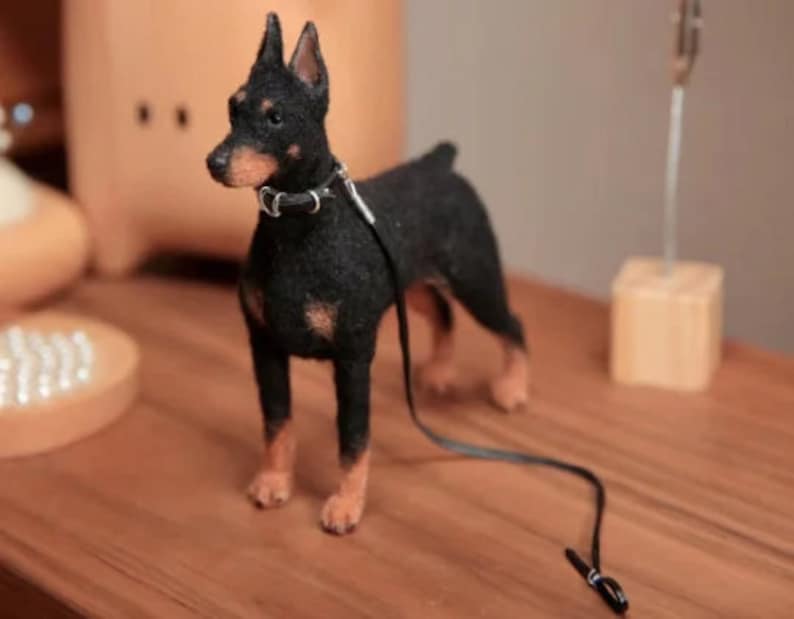 Needle Felted Doberman Pinscher with Leather Dog Rope,Doll House Miniature Felt Doberman Figurine,Felt Animals,Doberman Dog Memorial Gifts image 3