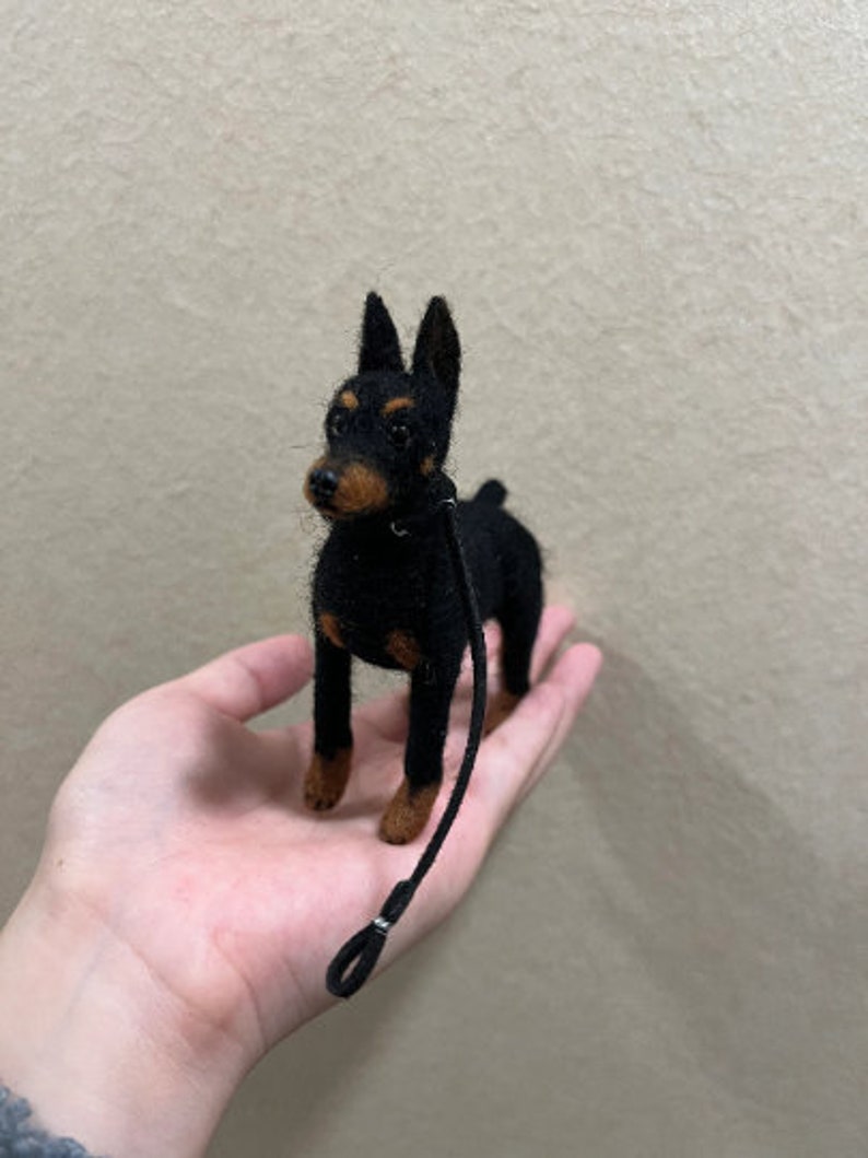 Needle Felted Doberman Pinscher with Leather Dog Rope,Doll House Miniature Felt Doberman Figurine,Felt Animals,Doberman Dog Memorial Gifts image 10