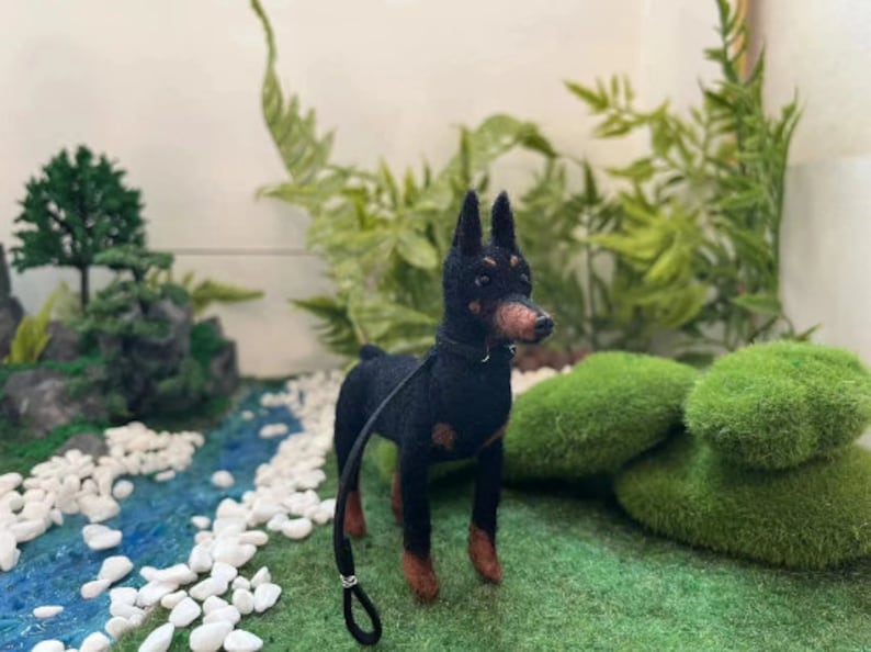 Needle Felted Doberman Pinscher with Leather Dog Rope,Doll House Miniature Felt Doberman Figurine,Felt Animals,Doberman Dog Memorial Gifts image 6