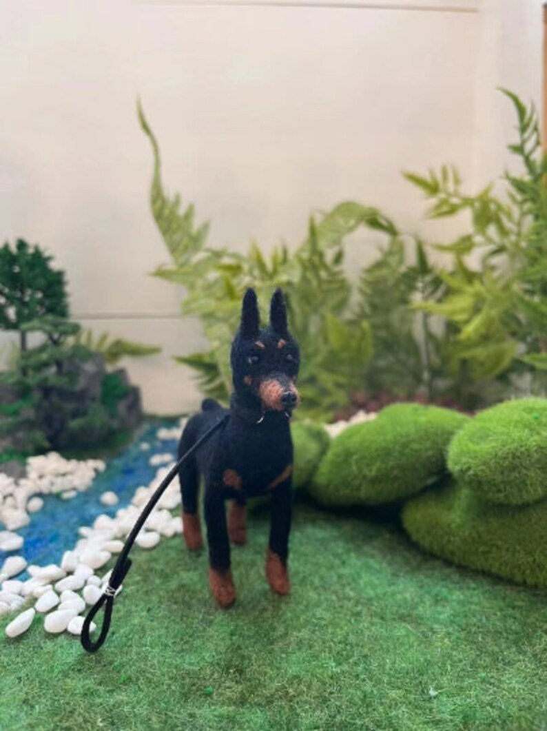 Needle Felted Doberman Pinscher with Leather Dog Rope,Doll House Miniature Felt Doberman Figurine,Felt Animals,Doberman Dog Memorial Gifts image 7