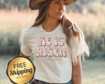 Camiseta de Pascua "Él ha resucitado": ropa cristiana con versículos bíblicos para mujeres