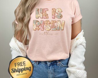 Camiseta de Pascua "Él ha resucitado": camiseta cristiana con versículo bíblico floral para mujer
