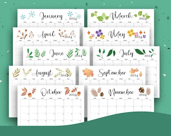 2024 Monthly Calendar Printable Planner, Instant Download PDF, Wall Desk Calendar, Monday Sunday Start, Letter A4, Lined Unlined, Floral