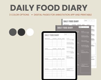 Diario de alimentación diario imprimible, diario de alimentación digital, plantilla de planificador de salud y fitness para Goodnotes en iPad, carta imprimible en formato PDF